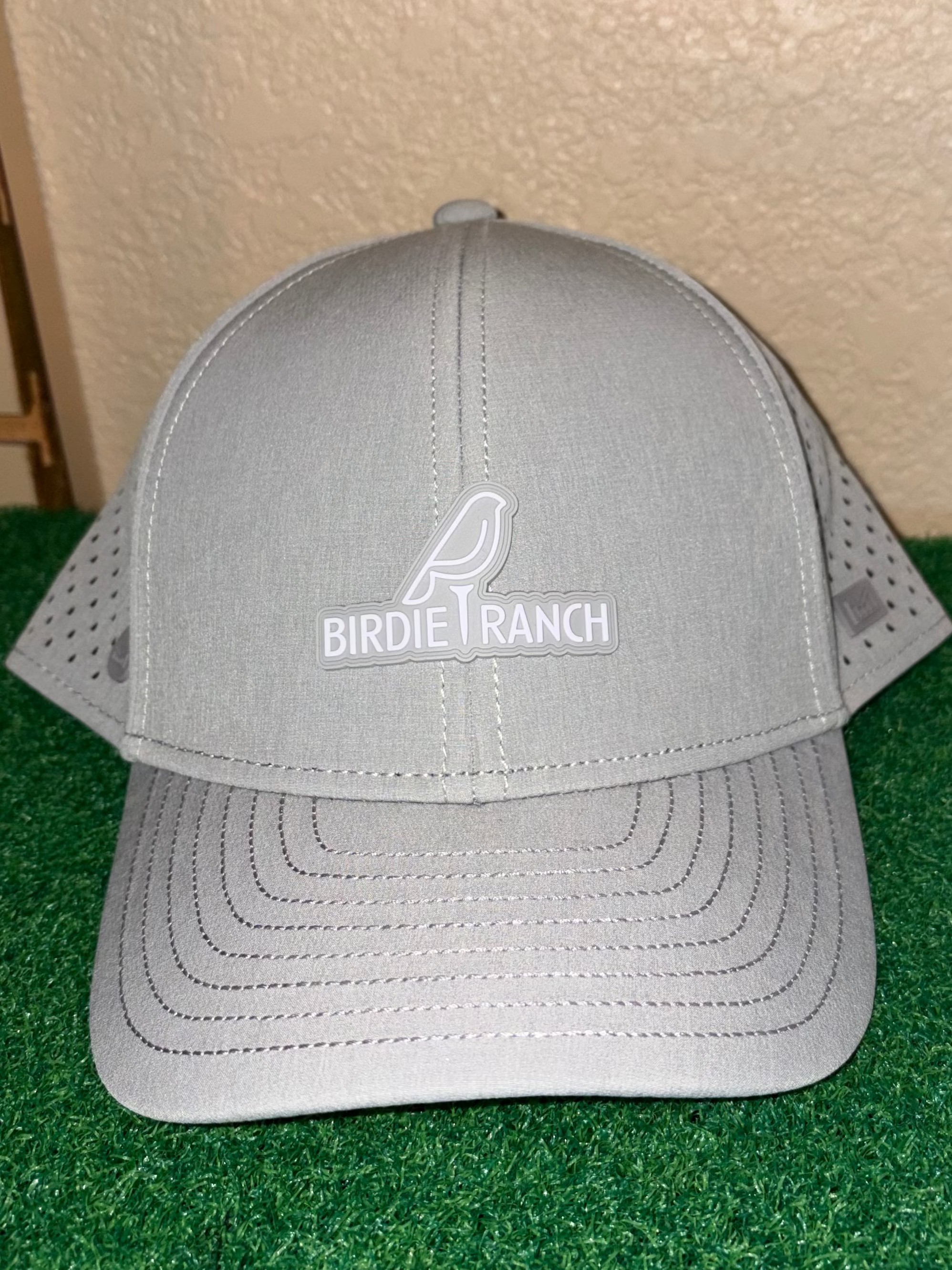 Gray cap with 'Birdie Branch' logo on a green surface
